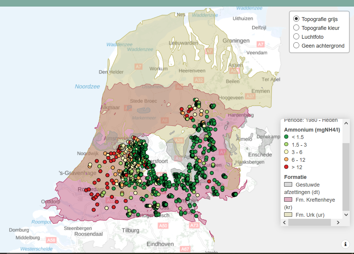 Ammonium concentraties in het grondwater in 3 geologische formaties in hte rivierengebied