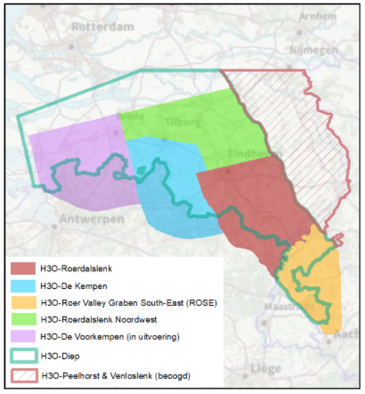 Ligging van de modelgebieden van de H3O-projecten.