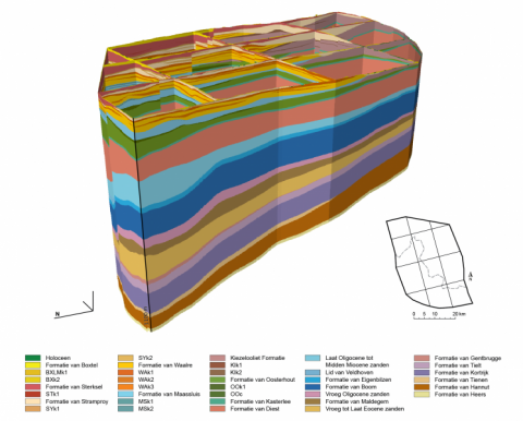 Fence diagram door het hydrogeologische model van H3O-De Kempen hydrogeologische model van H3O-De Kempen